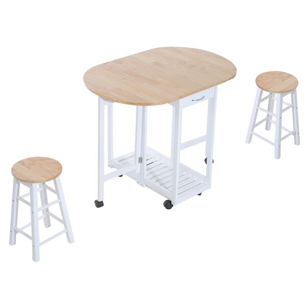 homcom set 3 pezzi con tavolo pieghevole e 2 sgabelli, carrello da cucina salvaspazio con 6 ruote, bianco e legno