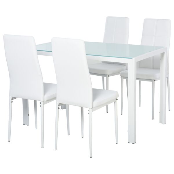 homcom set tavolo e sedie da pranzo 4 sedie imbottite e 1 tavolo per sala da pranzo 4 persone in metallo vetro pu bianco