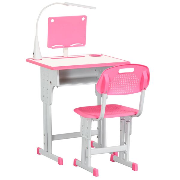homcom banco scuola con sedia per bambini 6-12 anni altezza regolabile, lampada led, leggio e portapenne, acciaio e mdf, rosa