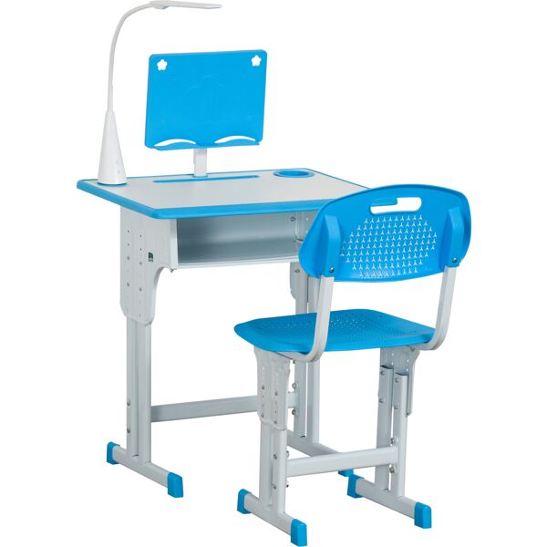 homcom banco scuola con sedia per bambini 6-12 anni altezza regolabile, lampada led, leggio e portapenne, acciaio e mdf, blu