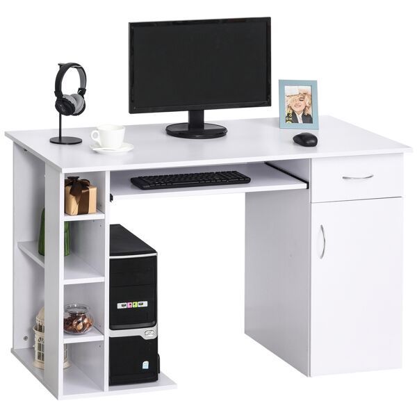 homcom scrivania per pc ergonomica con mensole, armadietto, cassetto e piano tastiera estraibile, bianca, 120x60x74cm