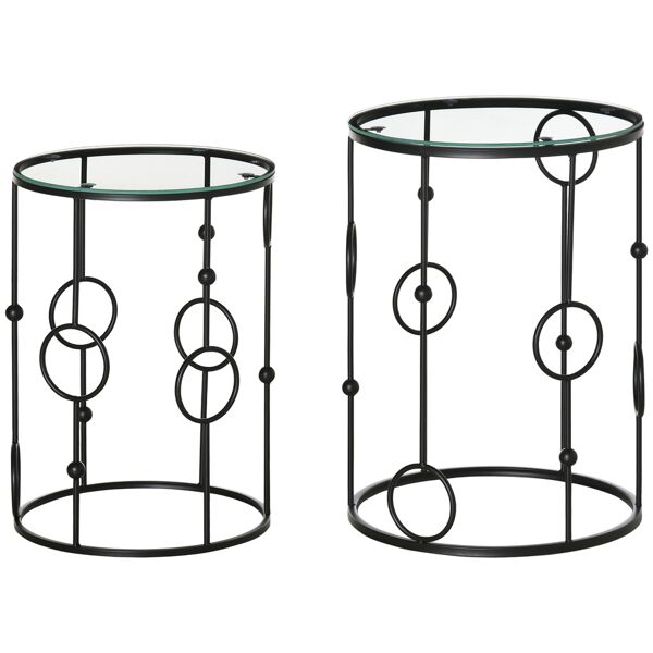 homcom set di 2 tavolini da caffè impilabili in metallo e vetro temperato Ø41x57cm e Ø36x51cm, nero