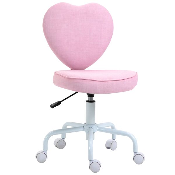homcom sedia per scrivania cameretta a forma di cuore, sedia da ufficio con 5 rotelle girevoli e altezza regolabile rivestita in lino rosa