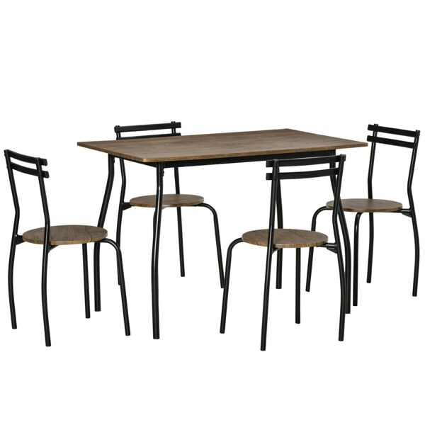 homcom set tavolo e sedie con 1 tavolo rettangolare e 4 sedie in acciaio e mdf per cucina, sala da pranzo e spazi limitati, marrone noce e nero