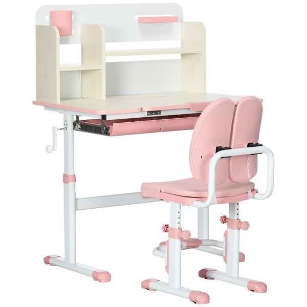 homcom zonekiz banco scuola con sedia per bambini 3-12 anni, altezza regolabile e piano inclinabile, rosa