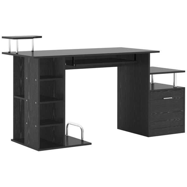 homcom scrivania pc moderna con cassetti, ripiani e tastiera estraibile, per casa o ufficio in legno nero 152x60x88cm