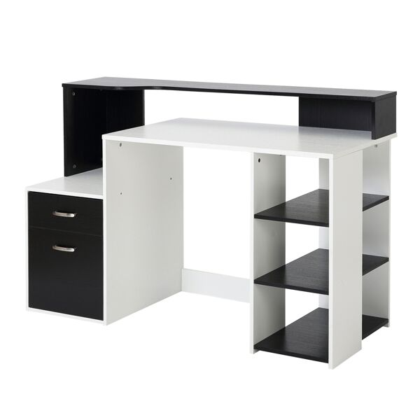 homcom scrivania per ufficio con ripiano stampante, 2 cassetti e 3 mensole, in mdf bianco e nero