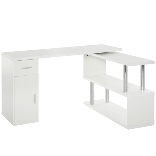 homcom scrivania angolare moderna in legno con cassetto, scrivania ad angolo con armadietto e mensole, scrivania pc  per ufficio e casa, bianco