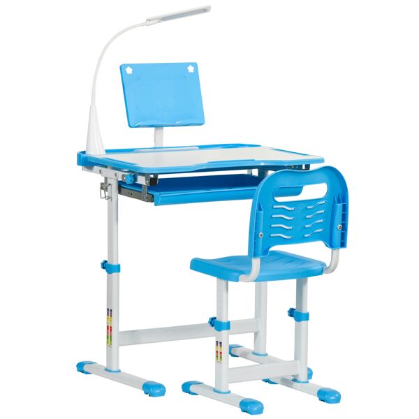 homcom banco scuola con sedia per bambini 6-12 anni altezza regolabile, piano inclinabile a 45° e lampada led, acciaio e mdf, blu