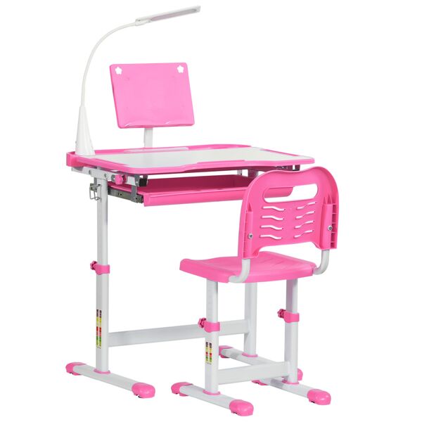 homcom banco scuola con sedia per bambini 6-12 anni con altezza regolabile, piano inclinabile a 45° e lampada led, in acciaio e mdf, rosa