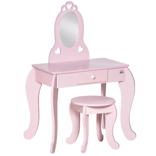 homcom tavolo trucco bambini con sgabello in legno, toeletta con specchio e cassetto, 60x36x88cm, rosa