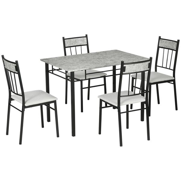 homcom set tavolo e sedie 5pz, tavolo da pranzo rettangolare in metallo e mdf e 4 sedie da pranzo con seduta imbottita in gommapiuma e poliestere