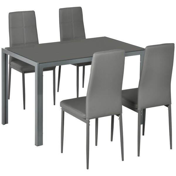 homcom set da pranzo 5 pezzi con 1 tavolo da pranzo e 4 sedie moderne in similpelle, metallo e vetro temperato, grigio