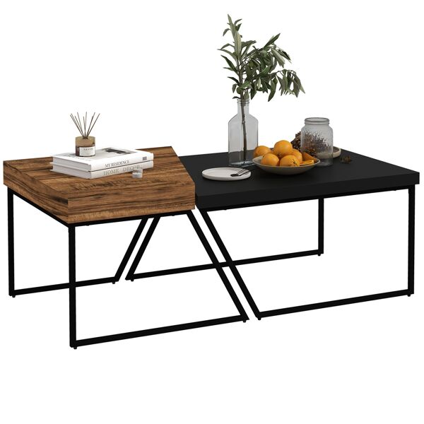 homcom set 2 tavolini da caffè in truciolato e acciaio, tavolo nero 80x60x42 cm e tavolo marrone 60x60x46 cm