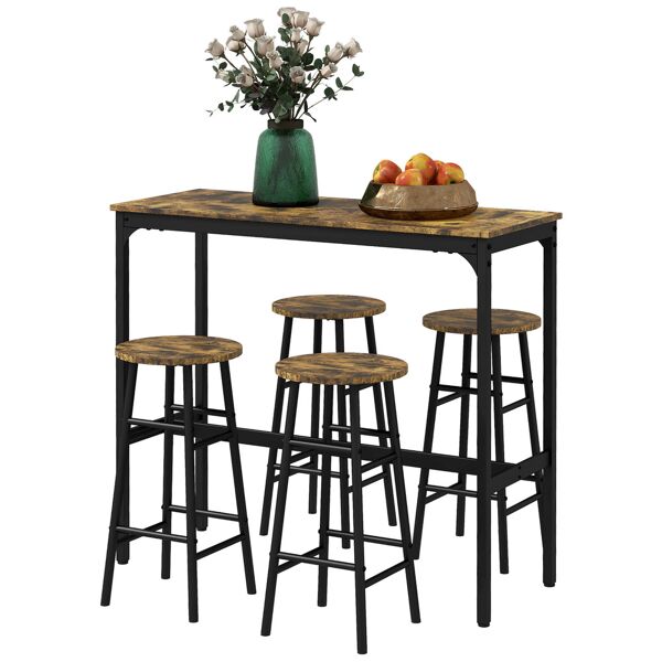 homcom set tavolo e sedie 5 pezzi con 4 sgabelli con poggiapiedi e tavolo rettangolare, nero e marrone