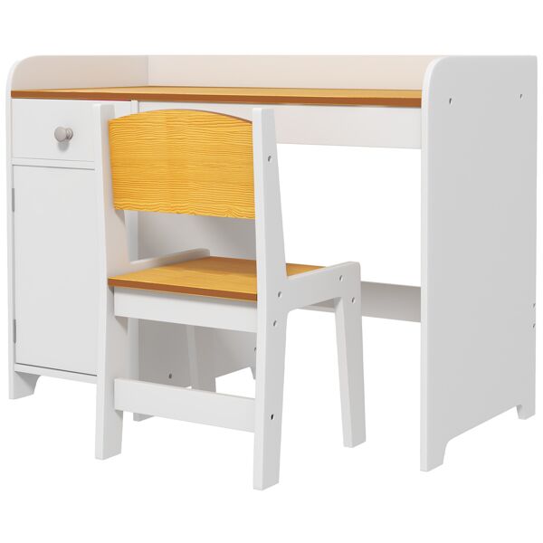 zonekiz banco scuola e sedia per bambini da 3-6 anni con cassetto e armadietto in legno bianco