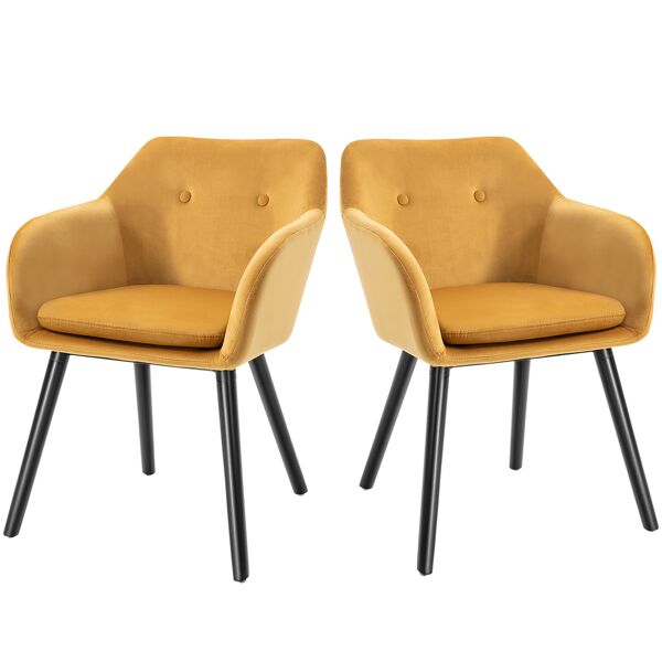 homcom set di 2 sedie per sala da pranzo con braccioli imbottite e in velluto, 54x56x74cm, giallo