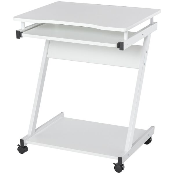 homcom tavolo porta pc classico e salvaspazio, piano tastiera a scomparsa, 4 ruote e ripiano inferiore bianco 60x48x73cm