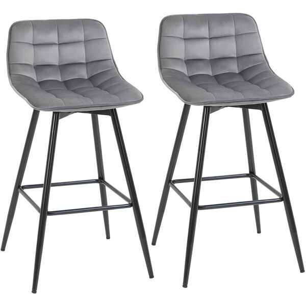 homcom set 2 sgabelli da bar sedie imbottite per salotto stile nordico, rivestimento velluto e poggiapiedi, grigio, 45x47x88cm