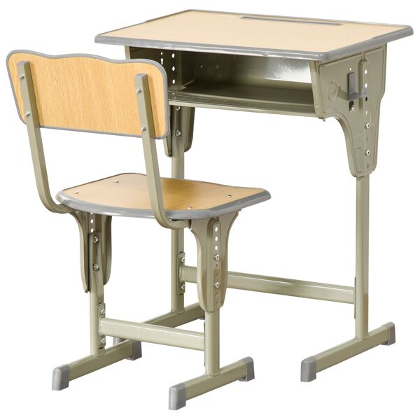homcom banco scuola con sedia per bambini 6-12 anni altezza regolabile, vano contenitore e portapenne, acciaio e mdf, color legno