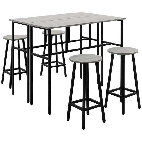 homcom set da bar 6 pezzi con 4 sgabelli da bar e 2 tavoli alti in legno truciolato e acciaio per cucina e soggiorno, grigio