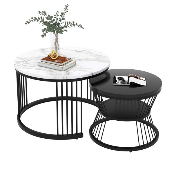pd1 set di tavolini da salotto moderni incastro, design marmo lucido, struttura nera, 2 pezzi, nero