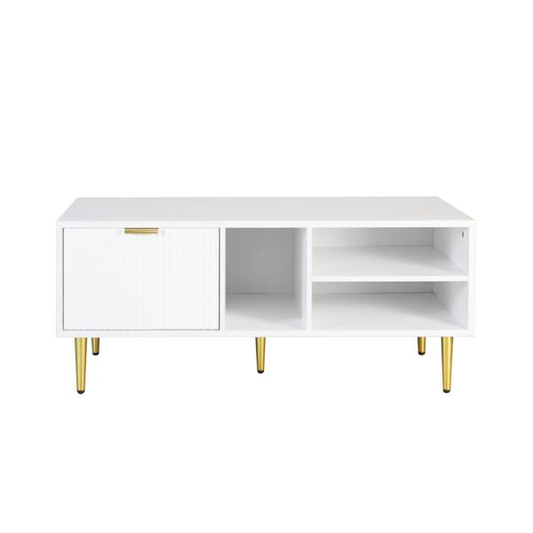 pd1 tavolino da salotto elegante bianco con dettagli dorati, cassettiera e 3 ripiani aperti - stile lusso leggero, bianco+oro