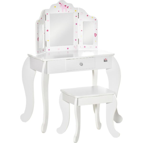 dechome 37 toeletta per bambini con sgabello in legno tavolo trucco con triplo specchio e cassetto 63x40x85.5cm bianco