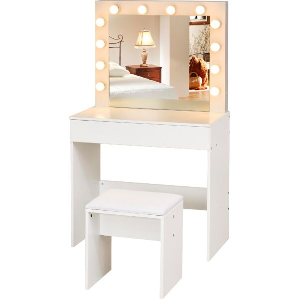 dechome 831316 tavolo da toeletta postazione trucco con sgabello imbottito specchio 12 led ampio cassetto bianco - 831316