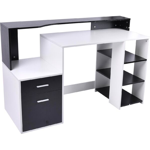 dechome 5d00d6 scrivania in mdf con 2 cassetti 3 ripiani e scaffale porta stampante 137x55x92h cm colore nero bianco - 5d00d6