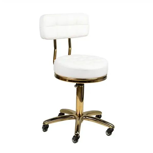 sgabello per estetista con schienale sedia con ruote oro e bianco.