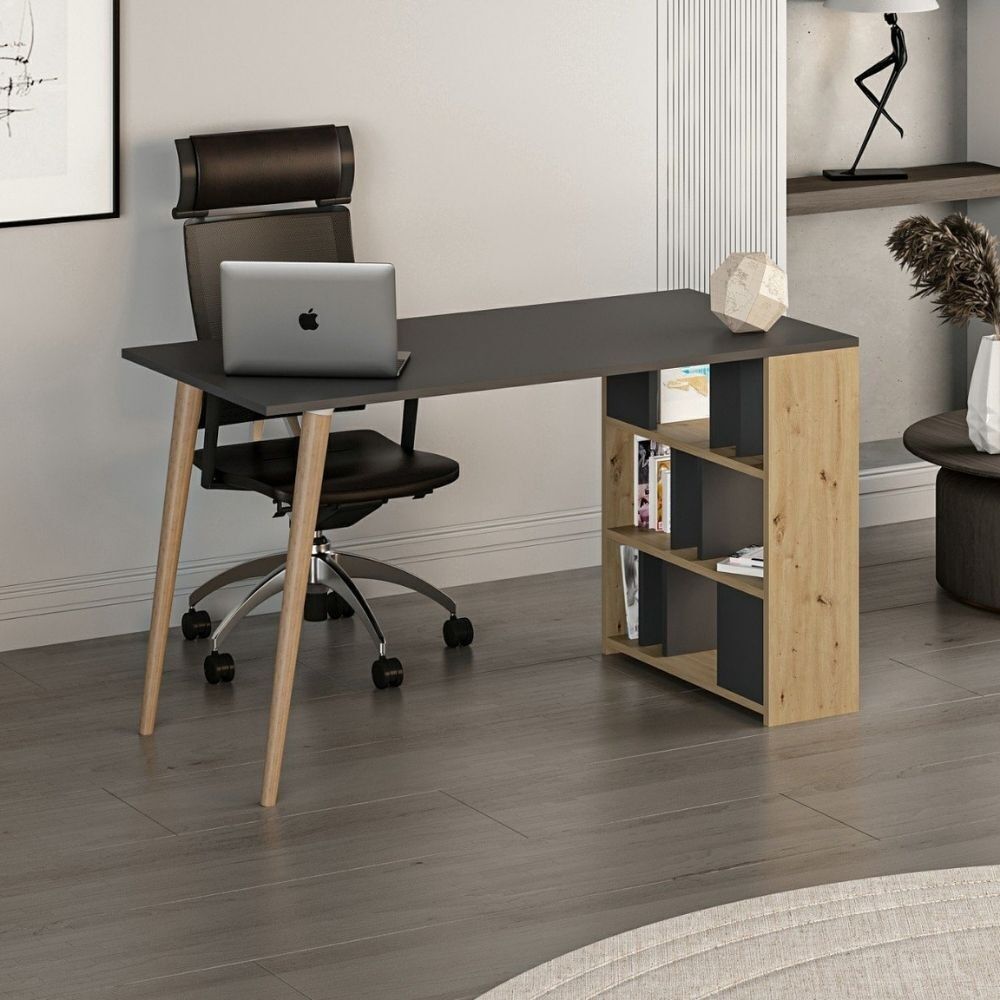 Toscohome Scrivania in legno 120x74h cm con libreria laterale colore noce e antracite - Pina