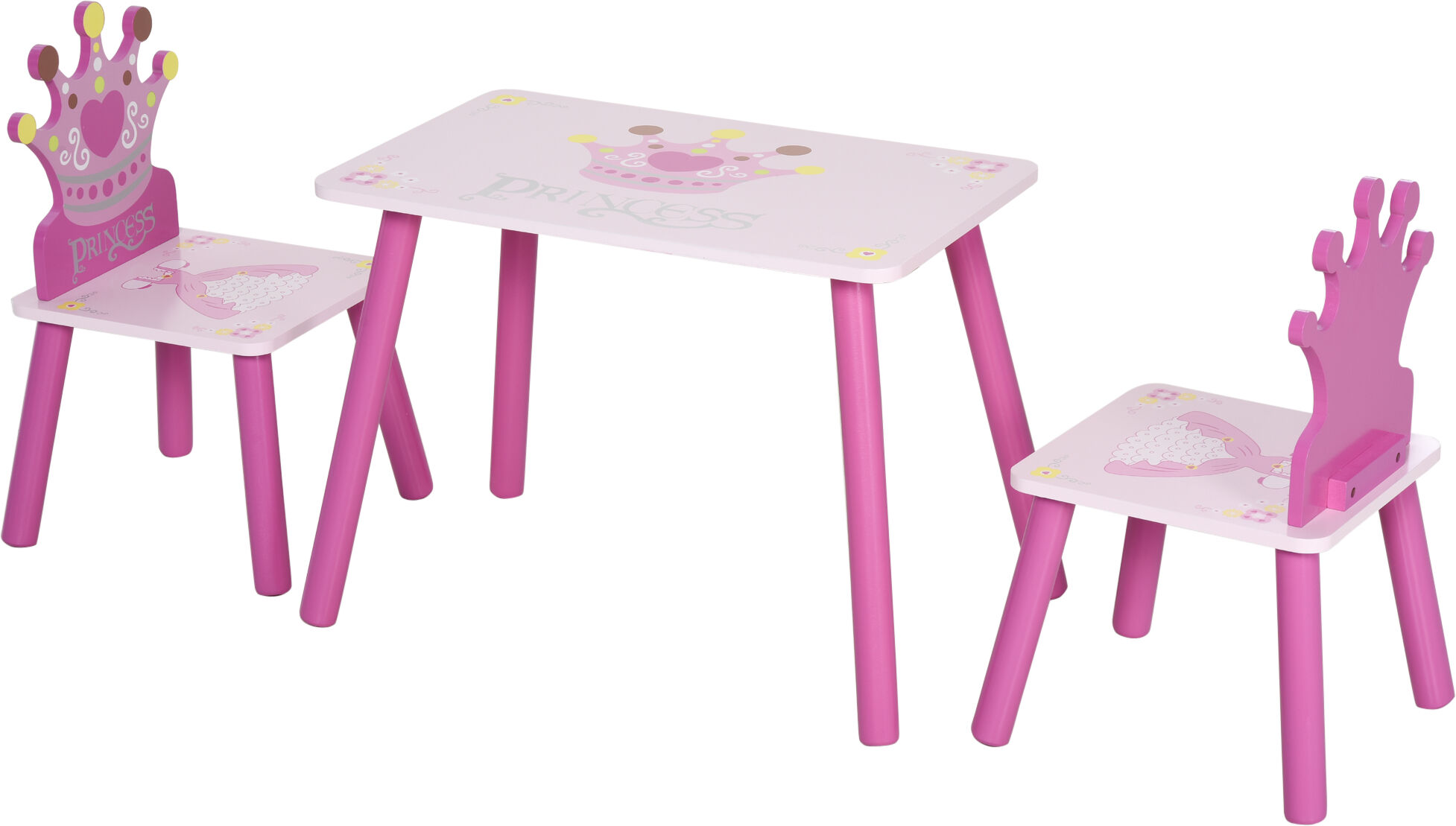 Homcom Set Tavolo e 2 Sedie a Tema Principesse per Cameretta Bambini in Legno Rosa con Schienale a Forma di Corona