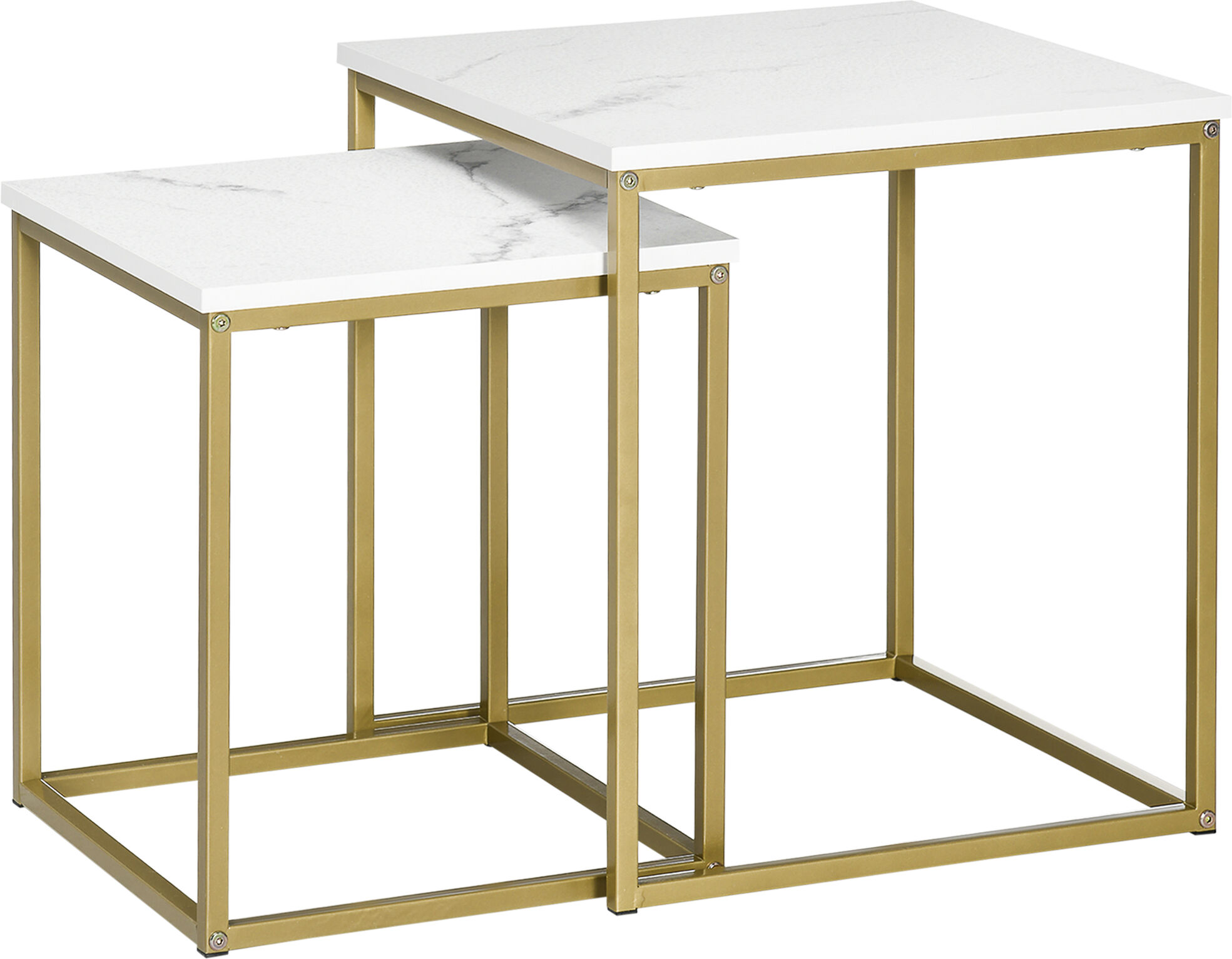 Homcom Tavolino da Salotto Set 2 Pz Impilabile con Piano Effetto Marmo in Truciolato e Struttura in Acciaio, 45x45x50 cm e 37x37x43 cm, Bianco e Oro