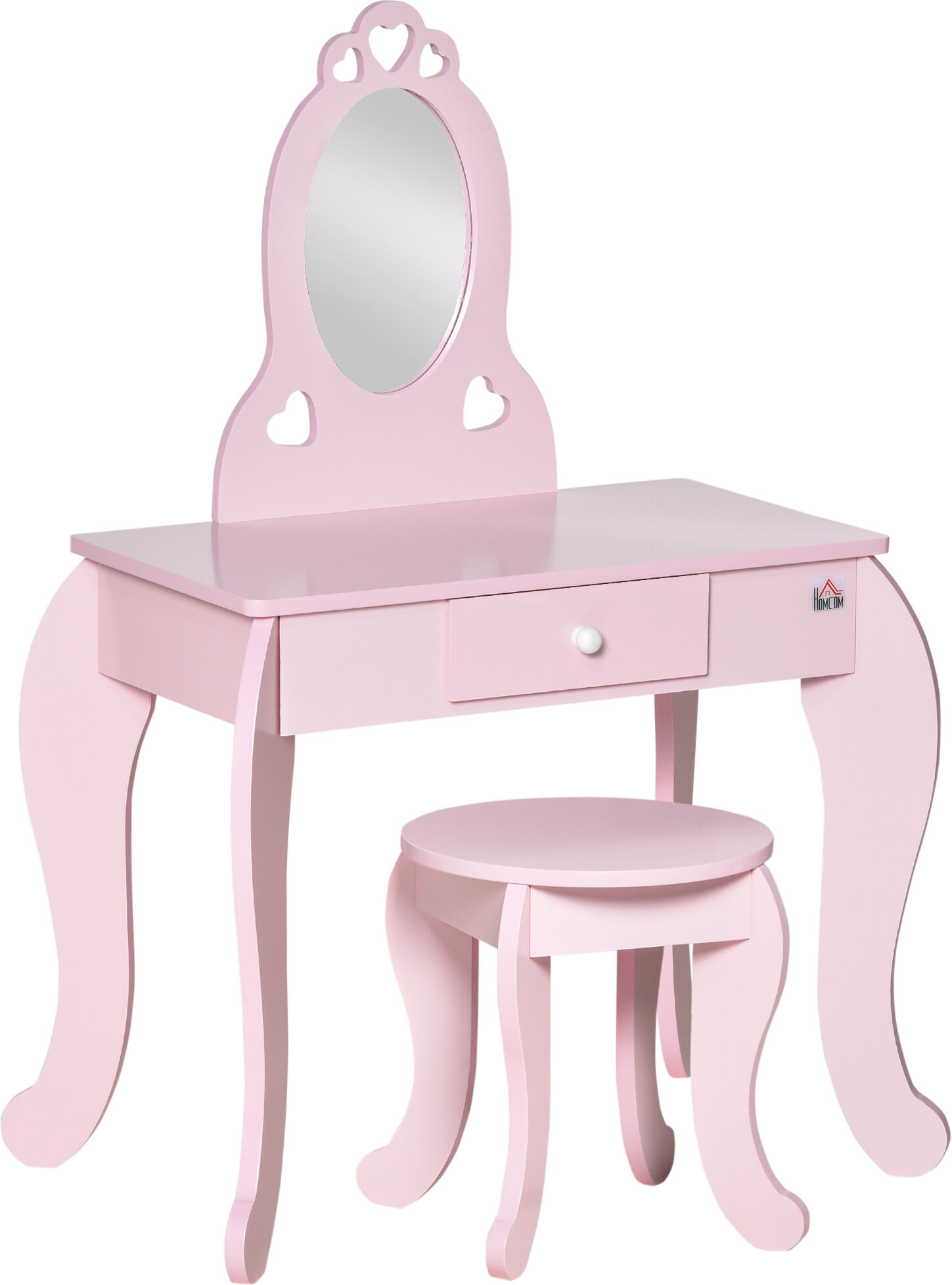 Homcom Tavolo Trucco Bambini con Sgabello in Legno, Toeletta con Specchio e Cassetto, 60x36x88cm, Rosa