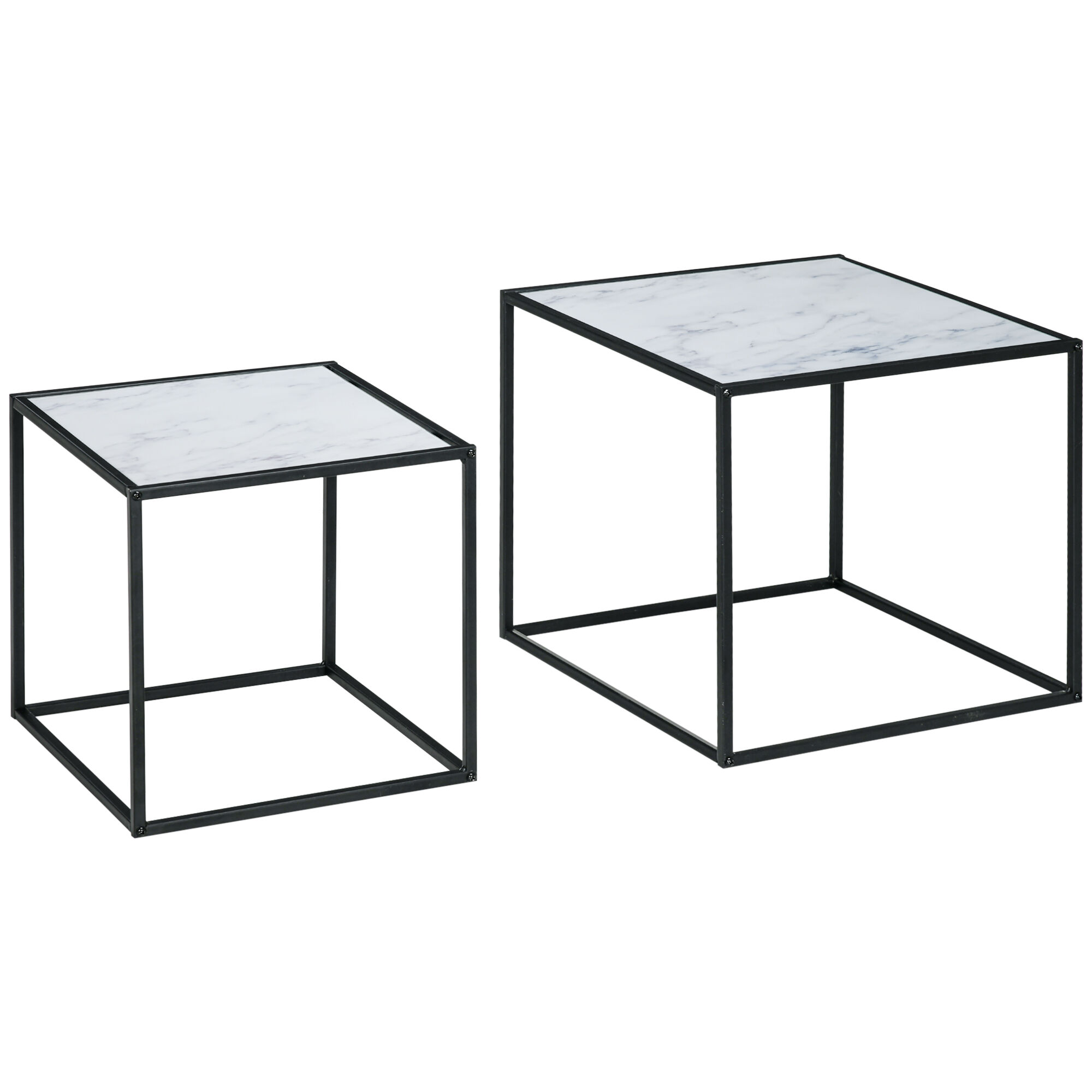 Homcom Set da 2 Tavolini da Salotto Quadrati e Impilabili in Vetro temperato e Acciaio, Nero e Color Marmo