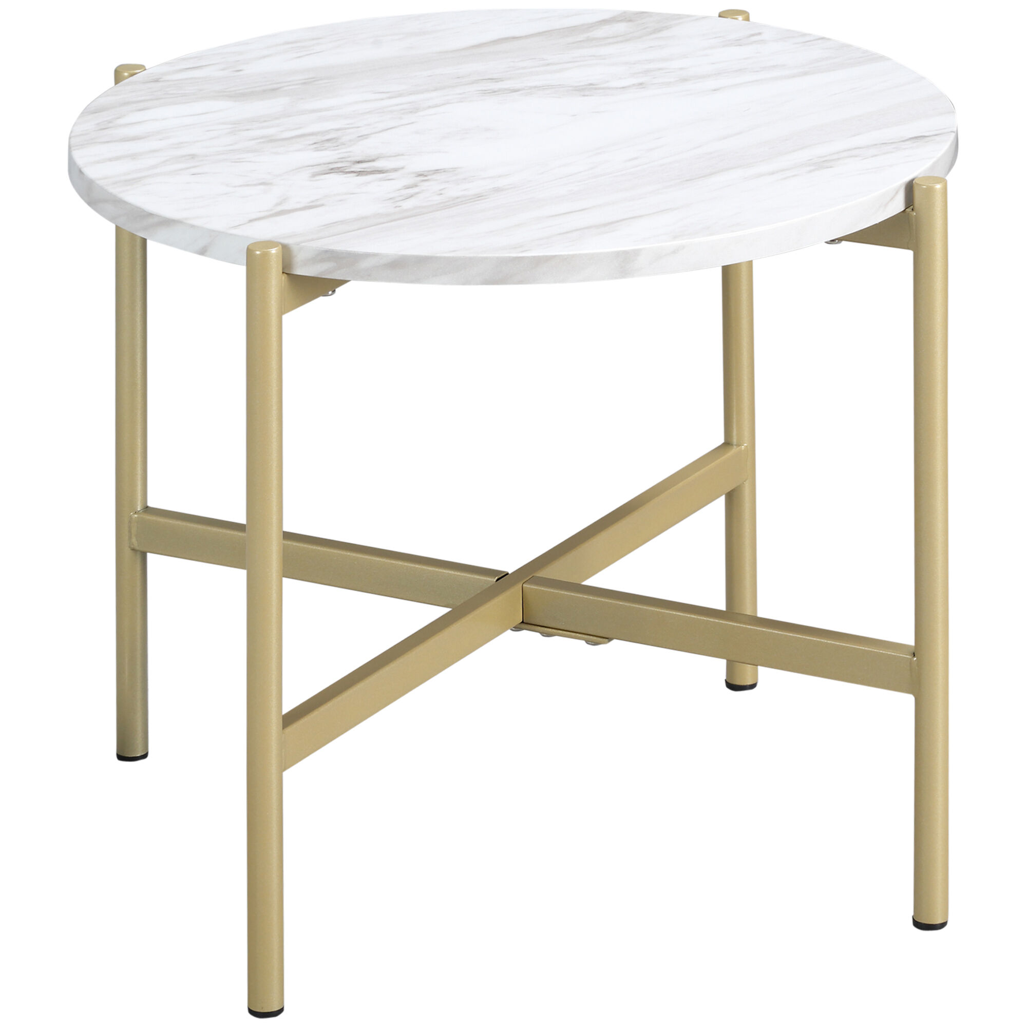 Homcom Tavolino da Caffè con Piano d'Appoggio Effetto Marmo e Struttura in Metallo Dorato, Ø55x45cm, Bianco