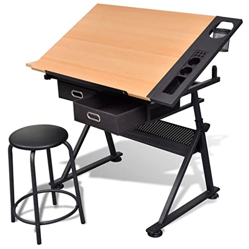 RAUGAJ Kantoormeubilair-twee laden kantelbare tafelbladtekentafel met kruk-meubels
