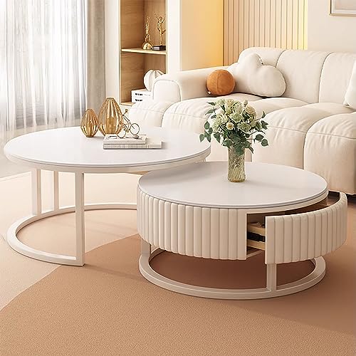 LefeDa Opbergkoffietafel 31.5" Salontafel Wit Moderne Cirkel Koffietafelset 2 In 1 Ronde Salontafels Woonkamer Boerenkoffietafel Eenvoudige Montage Voor Woonkamer Slaapkamer Kantoor (Size : 70cm/27.5