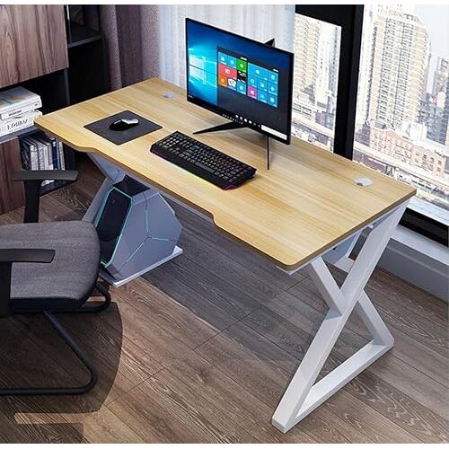 Isuzi Eenvoudig spel tafelvormige gamer-werkstation, pc-computerbureau, speltafel, Z-vormige gamer-werkstation met gaas, thuiskantoor, bureau, tafel, gamer-werkstation, wit-L 140 cm (geel, L 160 cm)