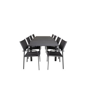 Marbella hagesett bord 100x160/240cm og 8 stoler Santorini svart.