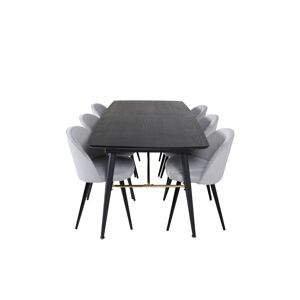 Gold spisegruppe spisebord uttrekksbord lengde cm 180 / 220 svart og 6 Velvet spisestuestoler fløyel lysegrå, svart.