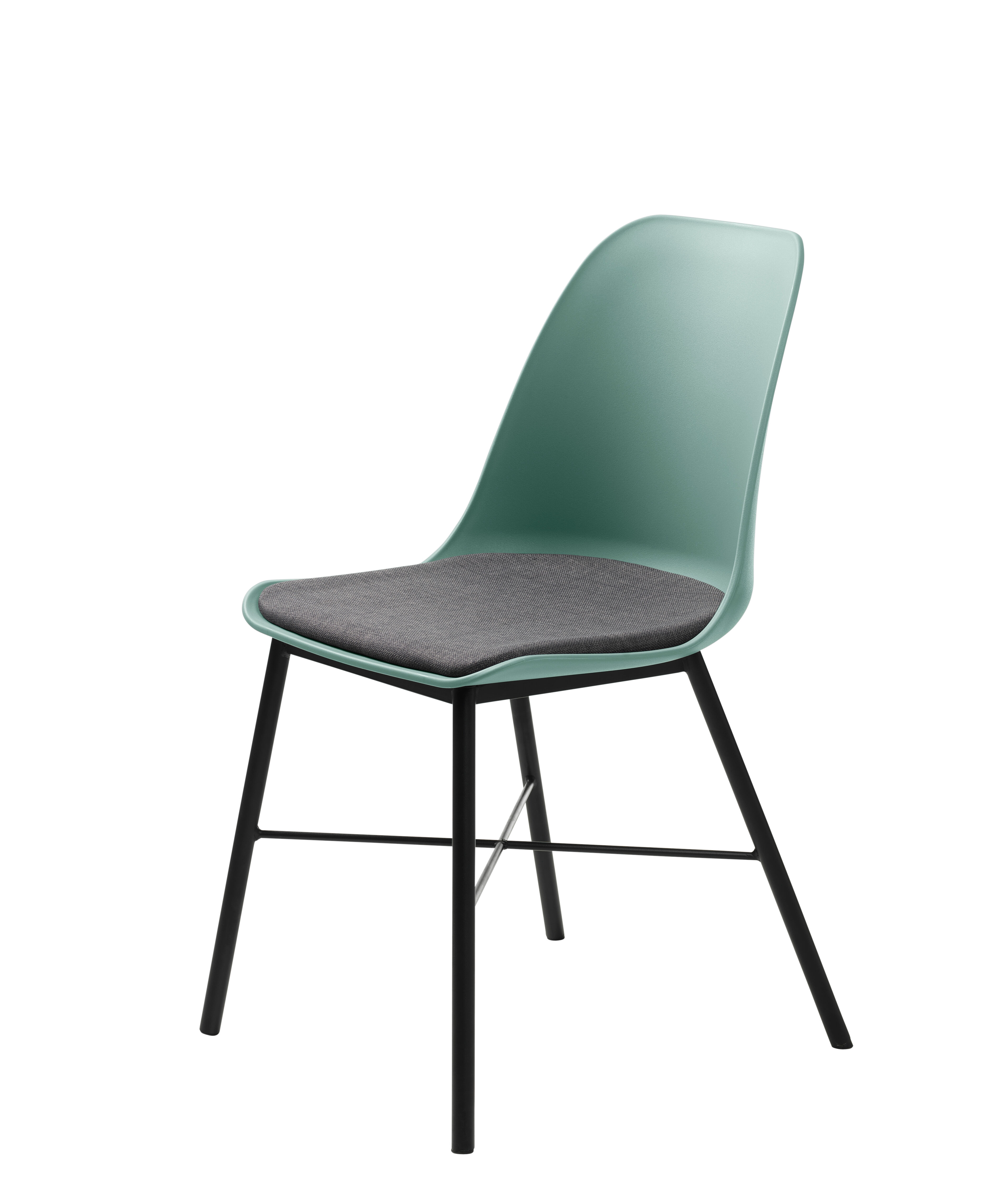 Whise spisestuesstol i støvet grønn og grå, stell i svart metall.