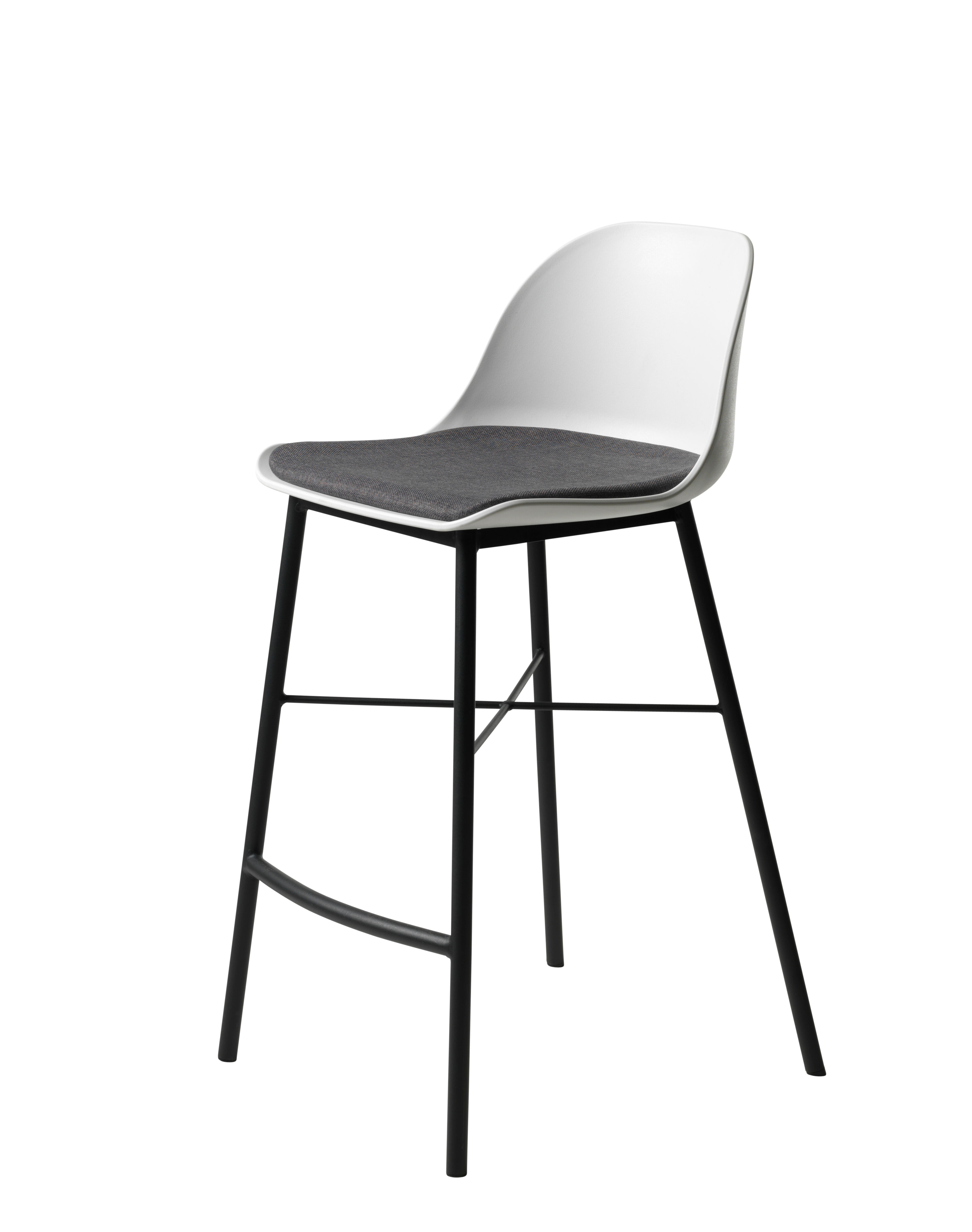 Whise barstol i hvit og grå, stell i svart metall.