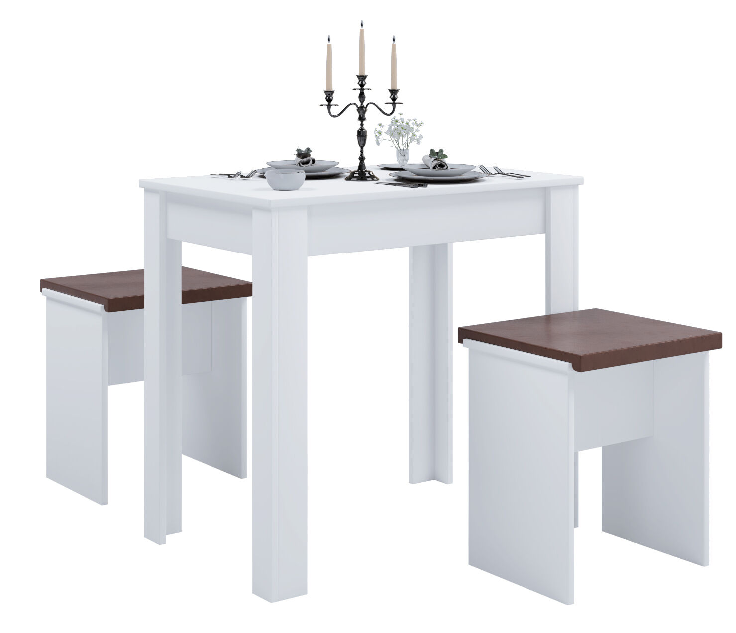 Esal spisegrupper spisebord og 2 skamler hvit.