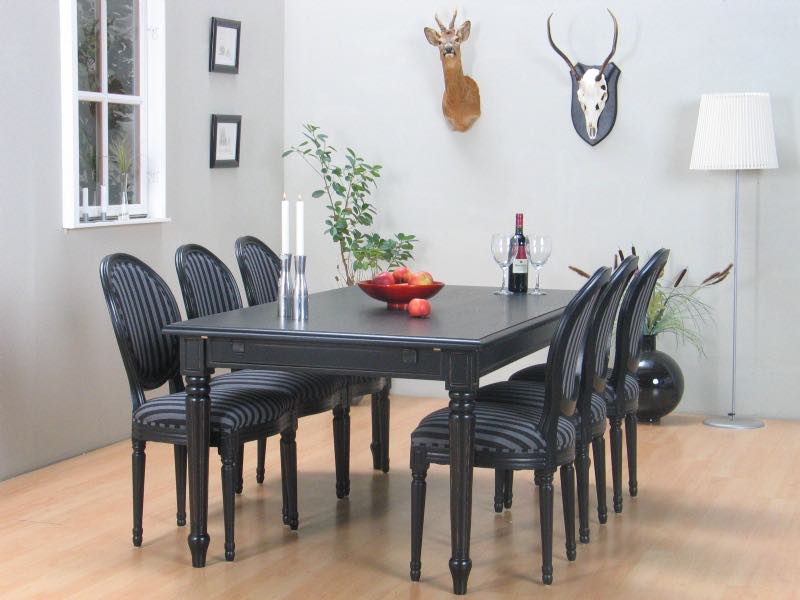 Amaretta spisegruppe 100x180/280 inkl. 2 tilleggsplater svart med 6 Rokokko stoler antikk svart/grå.