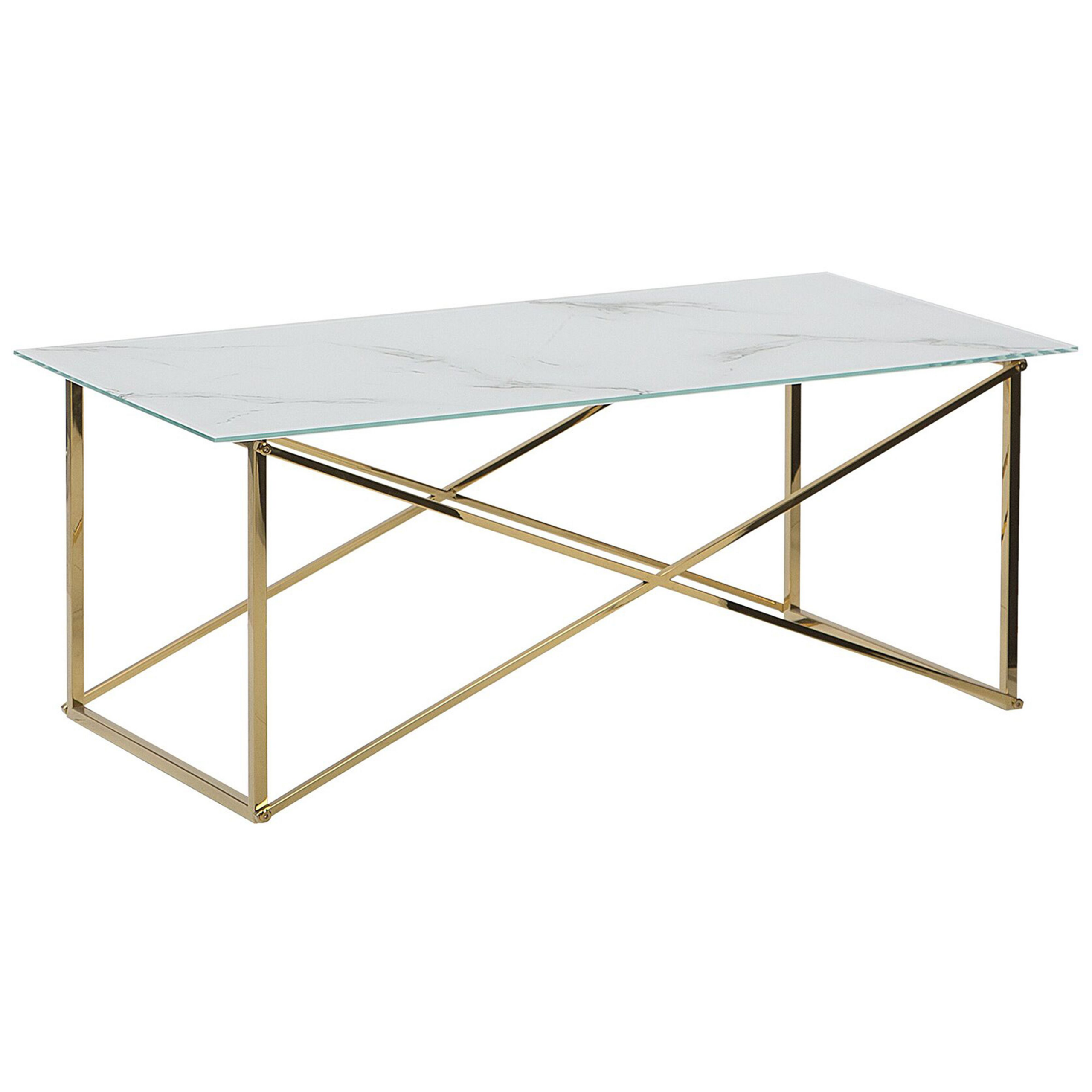 Beliani Mesa de centro retangular branco e dourado vidro temperado com efeito mármore e estrutura de aço 100 x 50 cm estilo glamouroso e minimalista