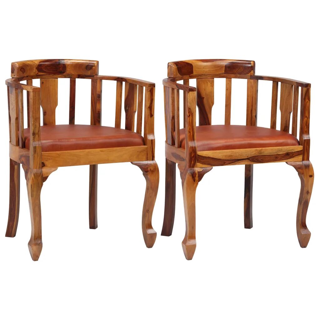 vidaXL Cadeiras jantar 2 pcs couro genuíno + madeira sheesham maciça