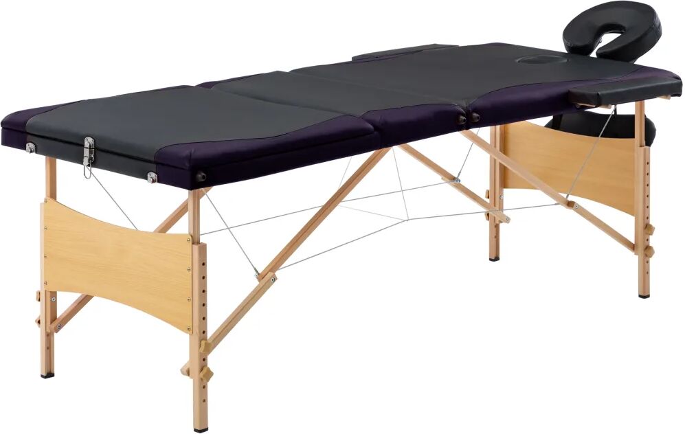 vidaXL Mesa de massagens dobrável 3 zonas madeira preto e roxo