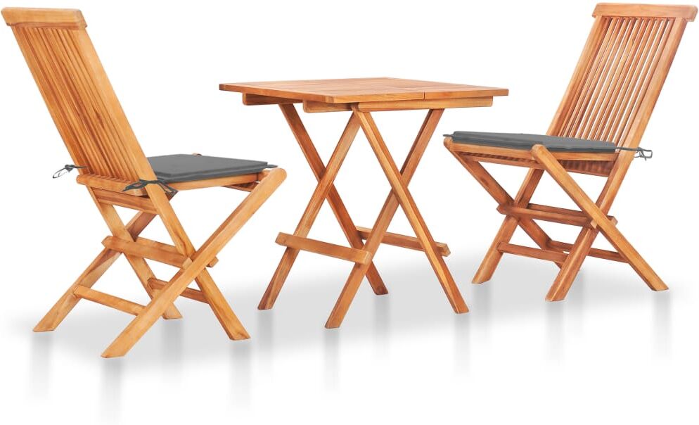 vidaXL Set mobilier de bistro cu perne gri, 3 piese, lemn masiv de tec